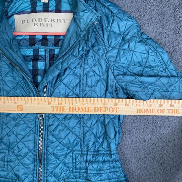 Burberry Brit Jacket Womens Small Teal Quilted Hooded Nylon Full Zip Plaid Lined - Picture 8 of 16
